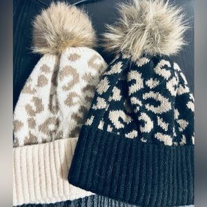 Leopard Print Knit Beanie Hats w/ Faux Fur Pom Pom – 2 Pack
